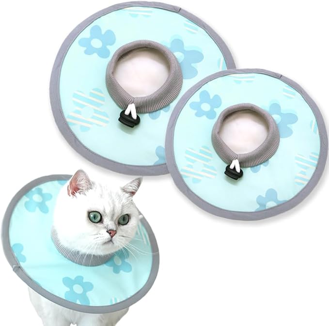 Cat Cone Collar 2pcs Adjustable Protective Collar for Pet Cat Recovery Collar Wound Healing (B-Blue Flower, M+L)-PawvioPets