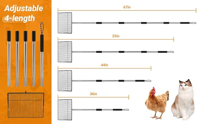 10inch Large Chicken Poop Scooper,36 to 67" Adjustable Long Chicken Coop Litter Metal Scoop with Stainless Steel Handle,5-in-1 Detachable Poop Shovel for Sand,Pet,Chicken,Cat Cleaning Tools.-PawvioPets