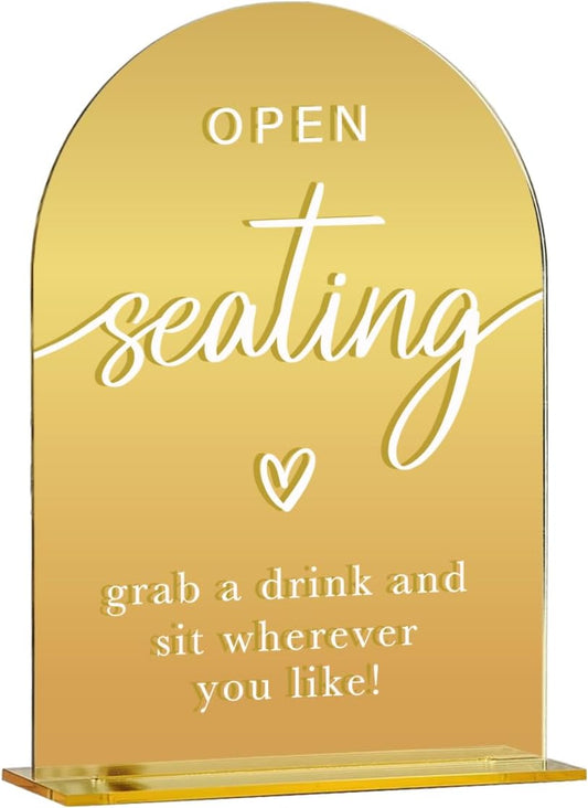 Acrylic Wedding Sign, Bridal Shower Decorations, Open Seating Sign for Ceremony, Modern Font Table Signs, Gold Mirror Arched Acrylic Tabletop Signs for Wedding Reception and Event Party