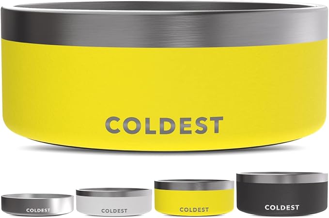 Coldest Dog Bowl - Anti Rust Metal, Non Slip, 3 Layers Insulated Stainless Steel Dog Bowls - Spill Proof & Heavy Duty - Water Bowl for Dogs, Cats & Pets, Dish Washer Safe (64 oz, Solar Yellow)-PawvioPets