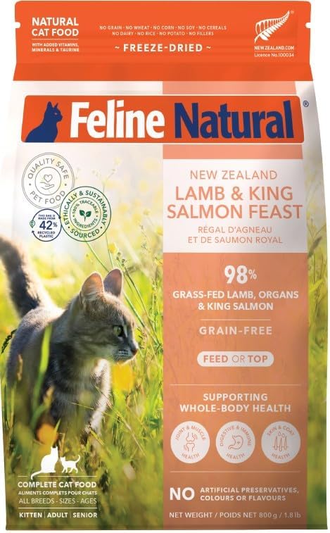 Feline Natural High Protein Dry Cat Food, Freeze-Dried Diet with 98% Meat, Organs & Seafood, No Peas, Grains, or Artificial Additives, Made in New Zealand, Lamb & King Salmon, 1.8lb-PawvioPets