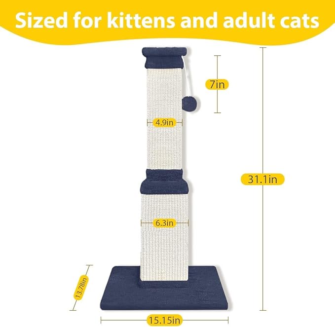 AGYM Cat Scratching Post, 32 Inch Cat Scratch Post for Cats and Kittens, Protect Your Furniture and Exercise Cats, Nature Sisal Modern Cat Scratcher for Indoor Cats, Blue-PawvioPets