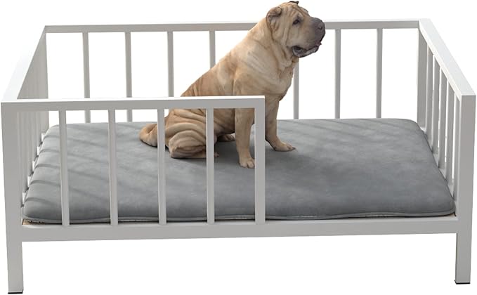 Dog Bed with Rails - Elevated Pet Metal Bed Frame with Solid Wood Board and Washable Soft Mat for Medium Dog Indoor or Outdoor Use, 25.2" x 37.8", White-PawvioPets