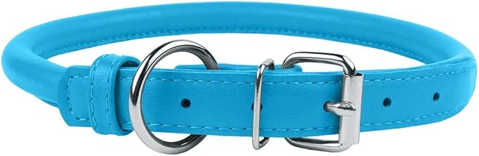 CollarDirect Rolled Leather Dog Collar, Soft Padded Round Puppy Collar, Handmade Genuine Leather Collar Dog Small Large Cat Collars 13 Colors (13-16 Inch, Light Blue Textured)-PawvioPets
