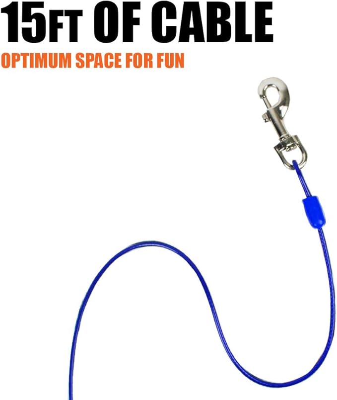 BV Dog Tie Out Cable 15 Feet - Heavy Duty Dog Lead Up to 60 Pounds - Reflective & Rust-Free with Quick Release Swivel Clips & 360° Rotating Clasp - Tangle-Free Dogs Runner for Yard (Blue, Single)-PawvioPets
