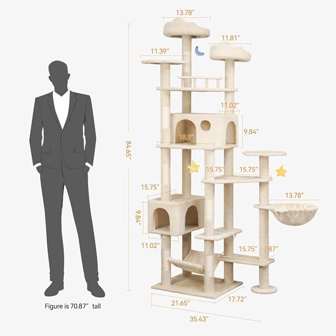 85inch Heavy Duty Cat Tree for Indoor Cats Large Adult, Tall Giant Cat Tower with Scratching Post, Large Perches, Cozy Cat Condos & Hanging Hammocks, Beige-PawvioPets