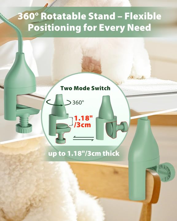 2-in-1 Hands-Free Dog Hair Dryer with Table Clamp – Low Noise Pet Grooming Dryer for Dogs & Cats, Adjustable Heat & Speed, Wearable or Desktop Use(Green)-PawvioPets