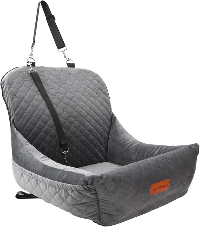 Dog Car Seat,Fully Detachable and Washable Cover,Easy to Assemble,Comfy Cushion Fill in Memory Foam,2 Clip-On Safety Leashes and Storage Pockets (Grey)-PawvioPets