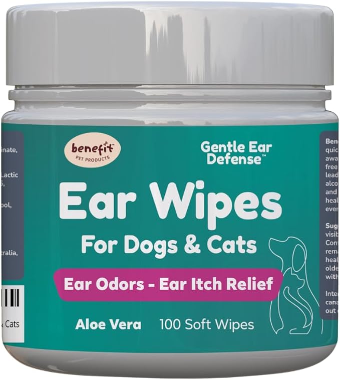 Benefit Pet Products Dog Ear Wipes - Ear Cleaner for Dogs to Prevent Infections, Itching & Odor - Aloe & Eucalyptus, Grooming Wipes - 100 Count-PawvioPets