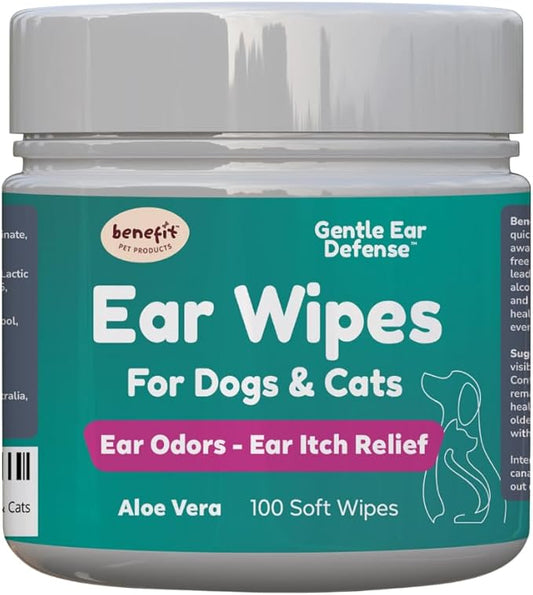 Benefit Pet Products Dog Ear Wipes - Ear Cleaner for Dogs to Prevent Infections, Itching & Odor - Aloe & Eucalyptus, Grooming Wipes - 100 Count-PawvioPets