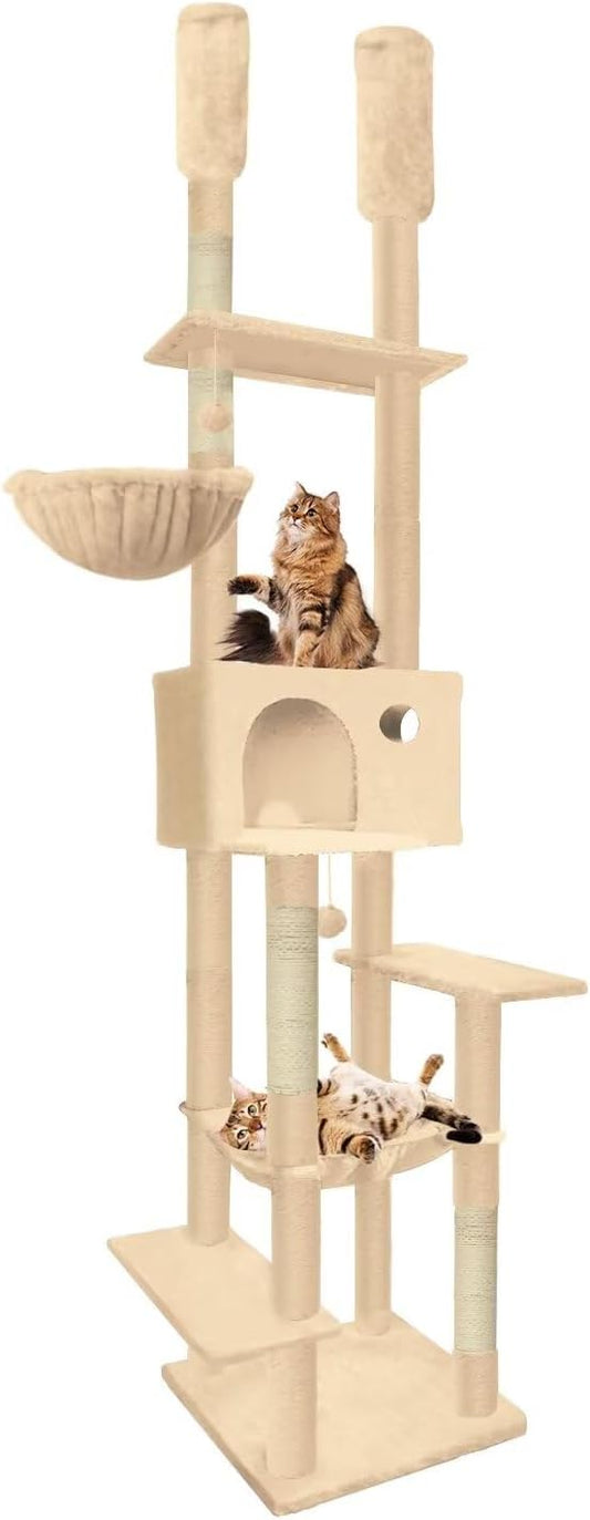 96.5"-108" Cat Tree Floor to Ceiling 7-Tier Cat Tower Adjustable Height with Scratching Posts, Cozy Hammock, Cat Condo for Indoor Cats(Beige)-PawvioPets