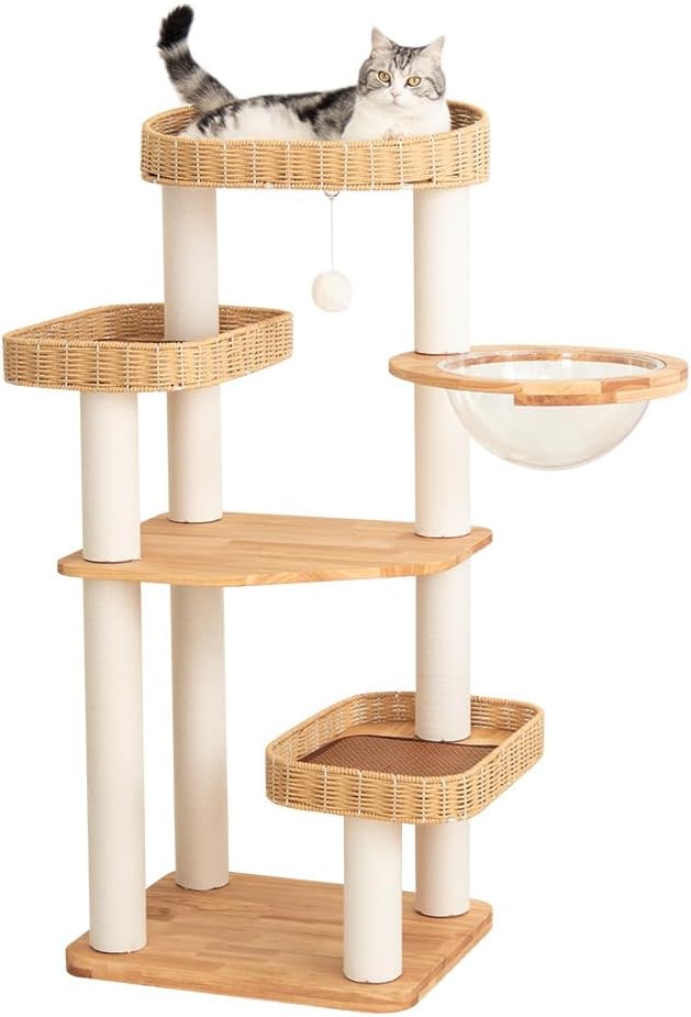 48'' Cat Tree for Large Cats, Modern Cat Tree Multi-Level Condo with Natural Wood, Cat Activity Centre for Medium and Big Pets (White LS02)-PawvioPets