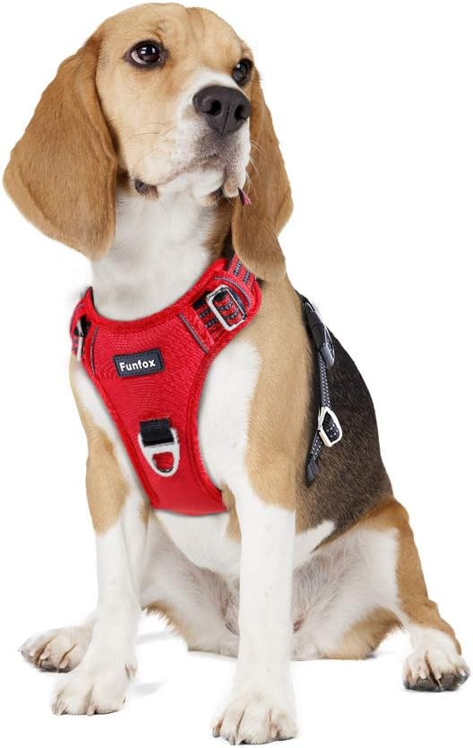 Funfox Dog Harness No Pull, Adjustable Pet Vest Harness, Super Soft Material with Vertical Handle Easy Control, Reflective Night Walking, 2 Leash Clips for Medium Sized Dogs, Red, M-PawvioPets