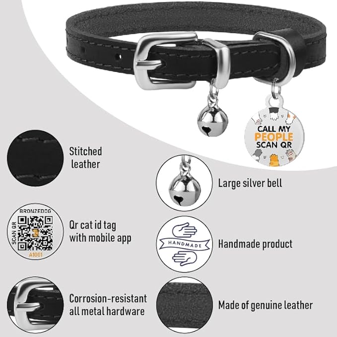 BRONZEDOG Leather Cat Collar with Removable Bells Non Breakaway Kitten QR Tag for Girl Boy (9" - 12" Cats/Mini Dogs, Black & Silver)-PawvioPets