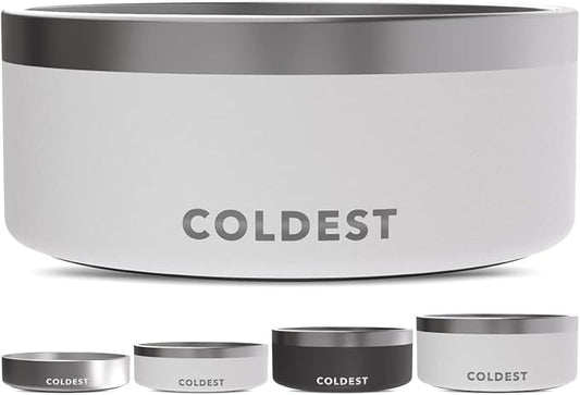 Coldest Dog Bowl - Anti Rust Metal, Non Slip, 3 Layers Insulated Stainless Steel Dog Bowls - Spill Proof & Heavy Duty - Water Bowl for Dogs, Cats & Pets, Dish Washer Safe (100 oz, Epic White)-PawvioPets