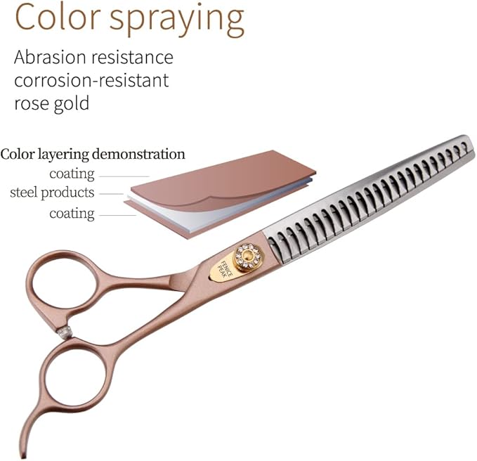 Fenice Peak 7.5‘’ Professional Dog Grooming Scissors Set Rose Gold 440C Stainless Steel Straight Thinning Curved Chunker Shears 4pcs Set for Pet Grooming Services Dogs and Cats-PawvioPets