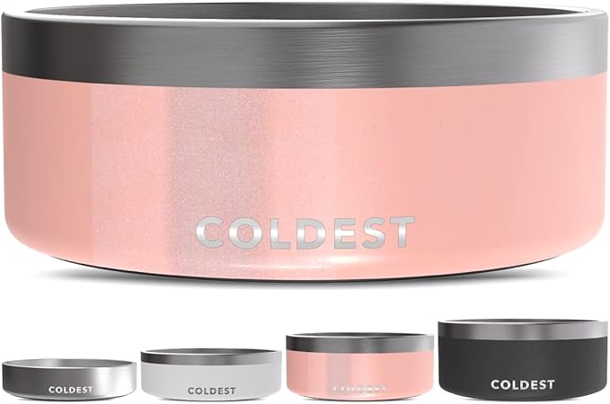 Coldest Dog Bowl - Anti Rust Metal, Non Slip, 3 Layers Insulated Stainless Steel Dog Bowls - Spill Proof & Heavy Duty - Water Bowl for Dogs, Cats & Pets, Dish Washer Safe (64 oz, Forever Pink Glitter)-PawvioPets