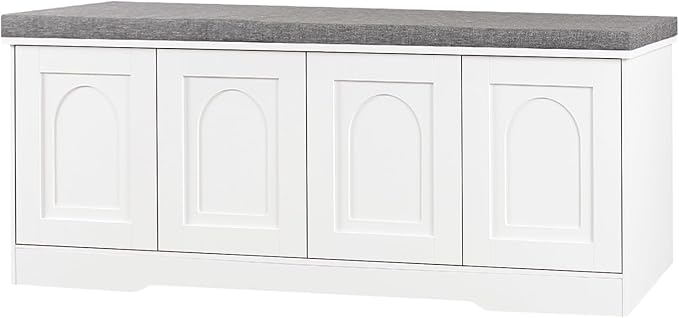 DINZI LVJ Shoe Bench, Entryway Storage Bench with Doors, Cushion, 2-Tier Shoe Rack with 8-Cubby, 47.2”L x 13.8”W Shoe Organizer Cabinet, Adjustable Shelf, Living Room, Bedroom, White-PawvioPets