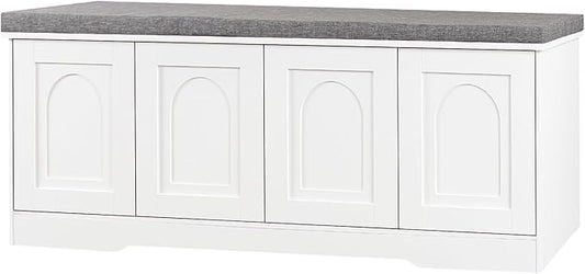 DINZI LVJ Shoe Bench, Entryway Storage Bench with Doors, Cushion, 2-Tier Shoe Rack with 8-Cubby, 47.2”L x 13.8”W Shoe Organizer Cabinet, Adjustable Shelf, Living Room, Bedroom, White-PawvioPets