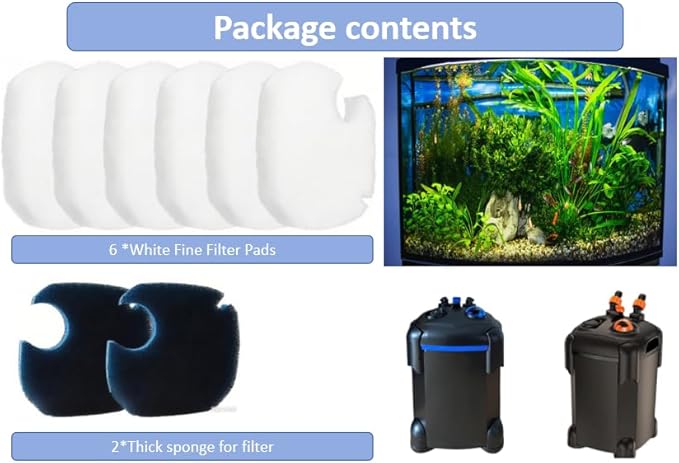 Compa tible with AMOSIJOY 172/225/265 GPH Tank Filters, 6 Pack of White Fine Filter Pads + 2 Coarse Sponge Inserts for PondForse Aquarium Filters (8 Pads Total)-PawvioPets