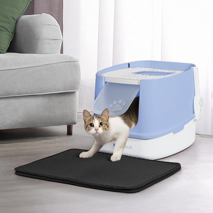 Fully Enclosed Cat Litter Box w/Lid, Scoop, Cat Mat & Odor Fitter, Large Plastic Cat Toilet with Double Door, Anti-Splashing Cat Litter Box with Lockable Front Door, Blue-PawvioPets