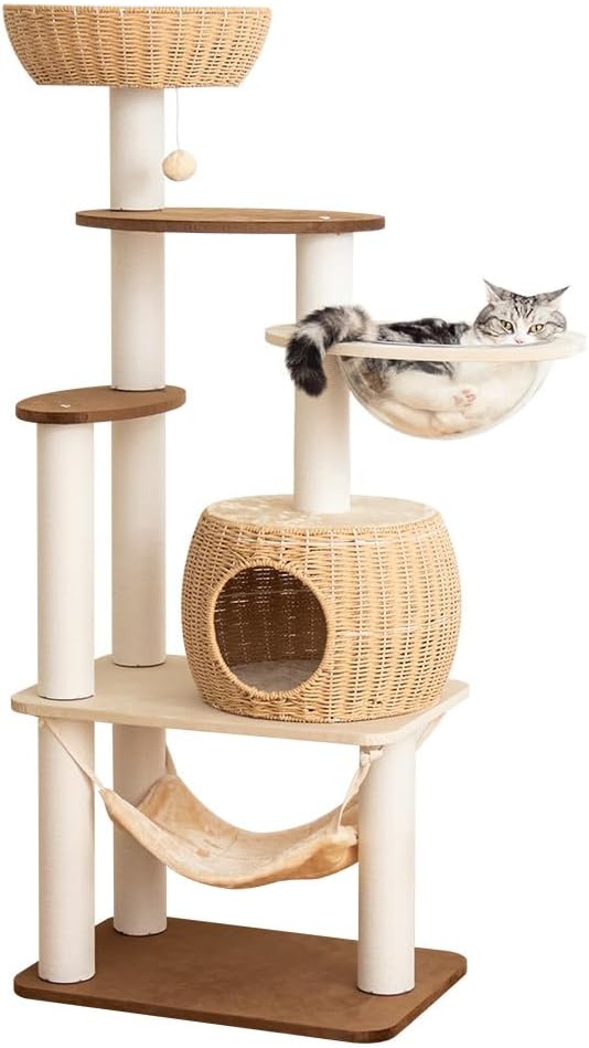 56.6in Large Wooden cat Tower for Large Multiple Cats,cat Tree with Observation Deck, Suitable for Summer and Winter 144CM (Particleboard)-PawvioPets