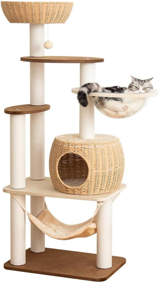 56.6in Large Wooden cat Tower for Large Multiple Cats,cat Tree with Observation Deck, Suitable for Summer and Winter 144CM (Particleboard)-PawvioPets