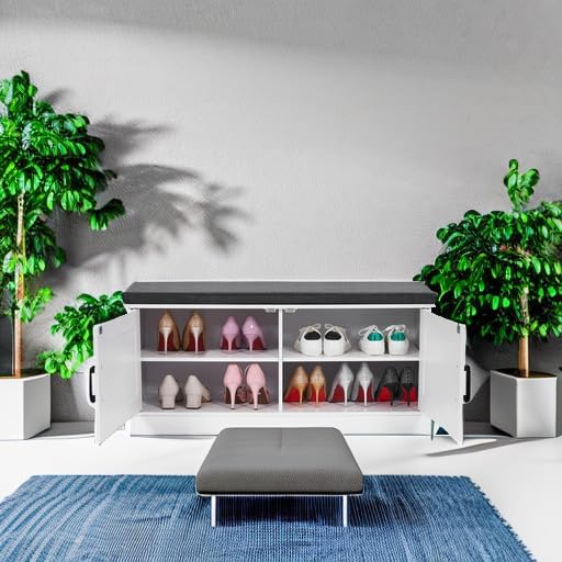 2-Tier Storage Bench, Shoe Bench with Padded Seat Cushion, Entryway Bench with 2 Barn Doors, Adjustable Shelf, 13.8" D x 39.4" W x 17.7" H, for Entryway, Living Room, Bedroom, White-PawvioPets