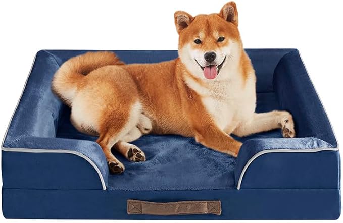 Friends Forever Orthopedic Dog Bed for Medium Dogs, Waterproof Memory Foam Dog Sofa Bed M with Removable Washable Cover, Ally Navy, 28x23x6.5-PawvioPets