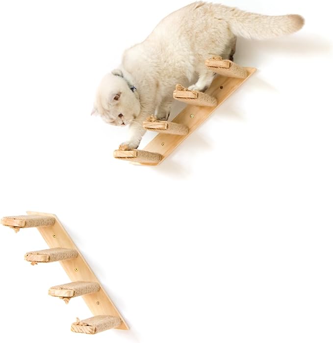 4-Step Cat Wall Shelves and Stairs With Sisal Rope - Improved & Stronger Tree Supplies, Large, Brownish White-PawvioPets