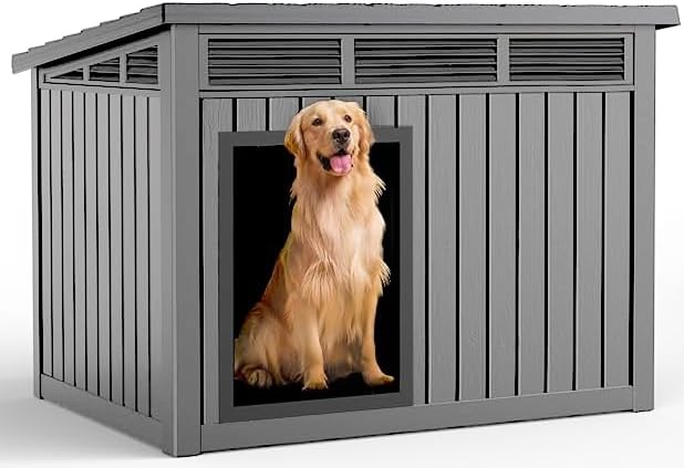 Dog House Indoor Outdoor,Resin Waterproof Puppy Shelter with Air Vents and Elevated Floor,Air Rod on Top to Open,Dog Kennel for Small to Large Dogs(Grey,42.87 * 32.95 * 31.61)-PawvioPets