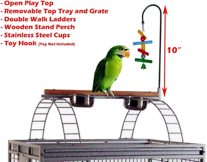 Extra Large Castle PlayTop Parrot Rolling Cage for Large Macaws Cockatoos African Grey Amazon (32" L x 23" W x 66" H WhiteVein)-PawvioPets