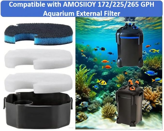 Compa tible with AMOSIJOY 172/225/265 GPH Tank Filters, 6 Pack of White Fine Filter Pads + 2 Coarse Sponge Inserts for PondForse Aquarium Filters (8 Pads Total)-PawvioPets