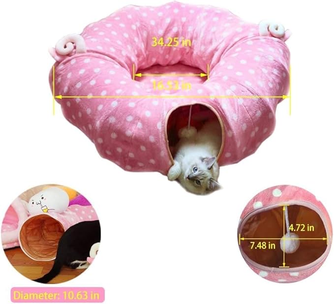 AUOON Cute Cat Donut Tunnel - Round Cat Tunnel Bed with Washable Cushion Interactive Cat Toy for Indoor Cats Kitten Kitty Puppy Rabbit Ferret (Pink)-PawvioPets