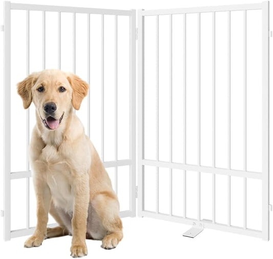 Full Metal Freestanding Dog Gate with Door, 32''Height Foldable Pet Dog Fence for Indoor & Outdoor, 2 Panels Extra Wide Free Standing TallDog Gates for Doorways,House,Stairs,Porch,Deck,Yard-PawvioPets