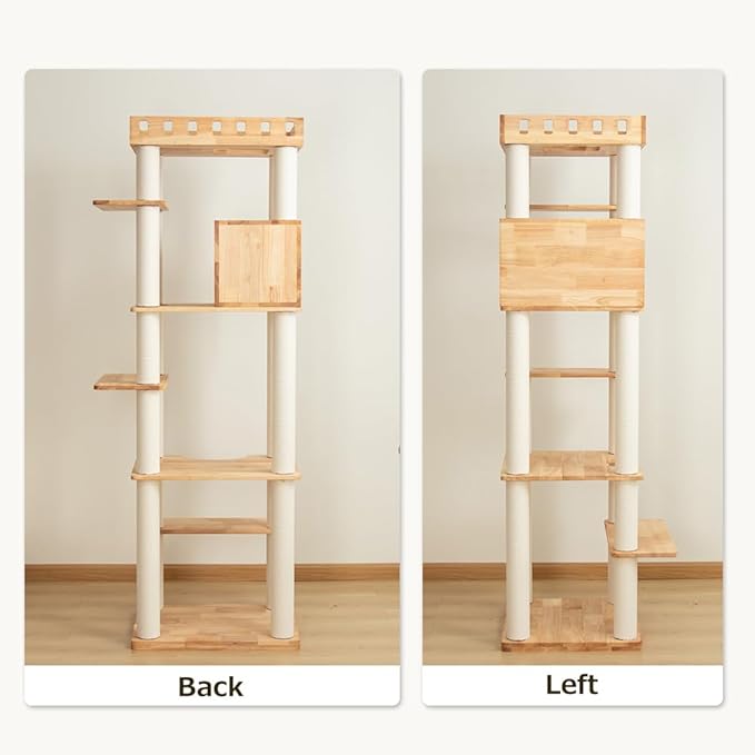 74" Wooden Cat Tree Tower for Large Cats, Multi-Level Cat Climbing Furniture with Scratching Posts, Cat Condo & Hammock, Natural Wood Cat Activity Center (White)-PawvioPets