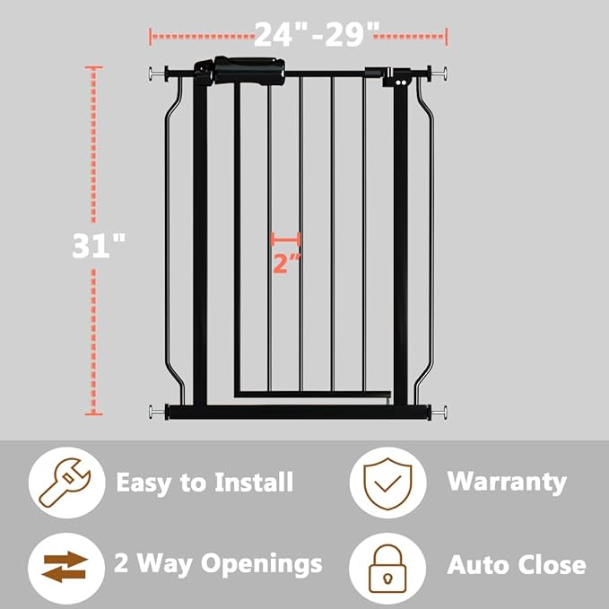 Narrow Baby Gate for Doorways Stairs, 24-29" Wide Pressure Mounted Walk Through Metal Auto Close Safety Child Gatesfor Kids or Pets, Black-PawvioPets