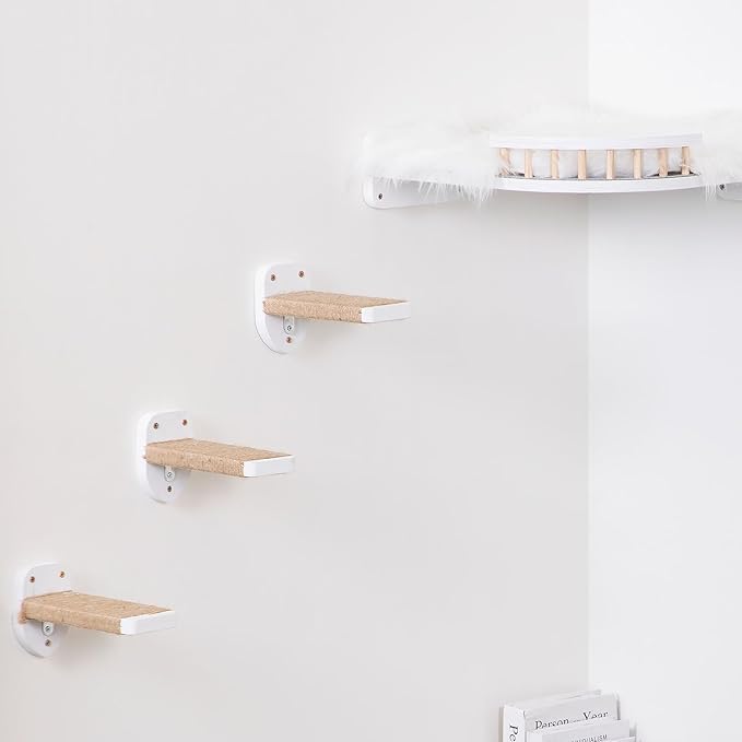 3-in-1 Cat Wall Steps with Hemp Rope, Solid Wood Cat Ladder for Climbing and Playing (Large-White)-PawvioPets