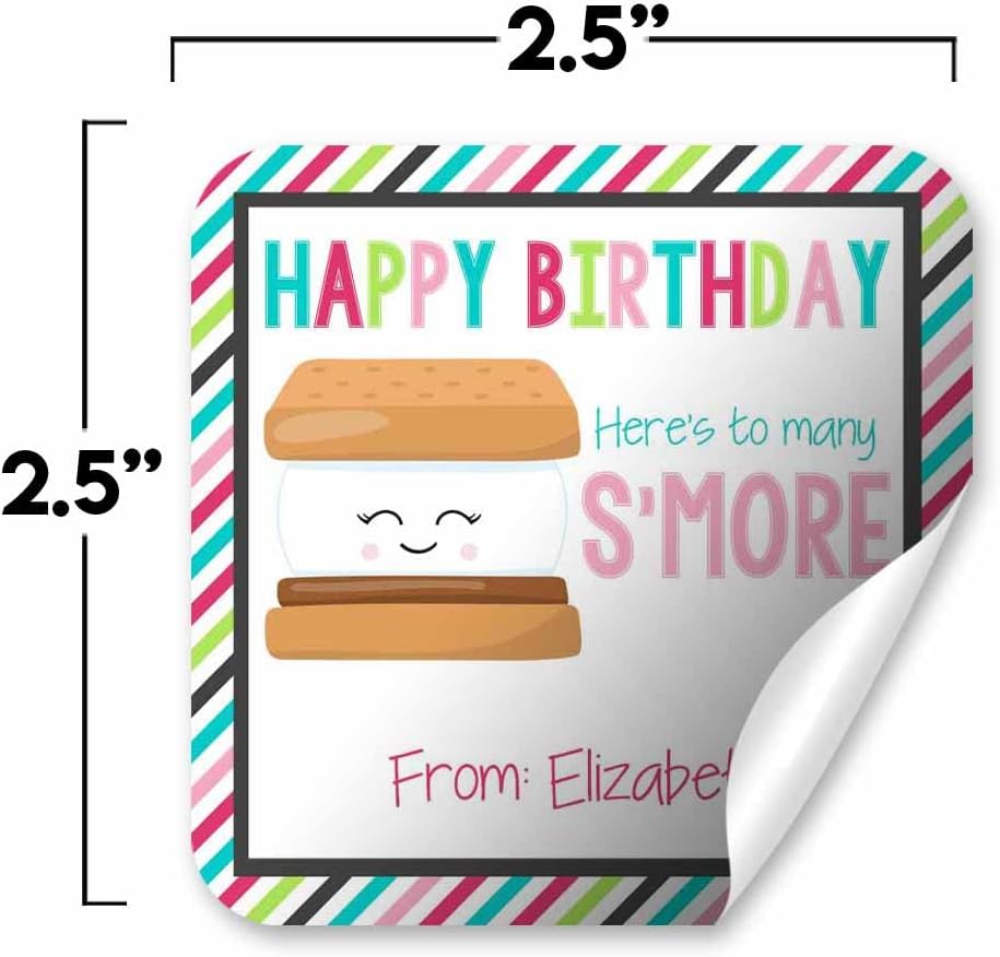 Custom & Personalized Many S'More Happy Birthday Gift Tag Sticker Labels, 24 2.5" Square Stickers by Amanda Creation