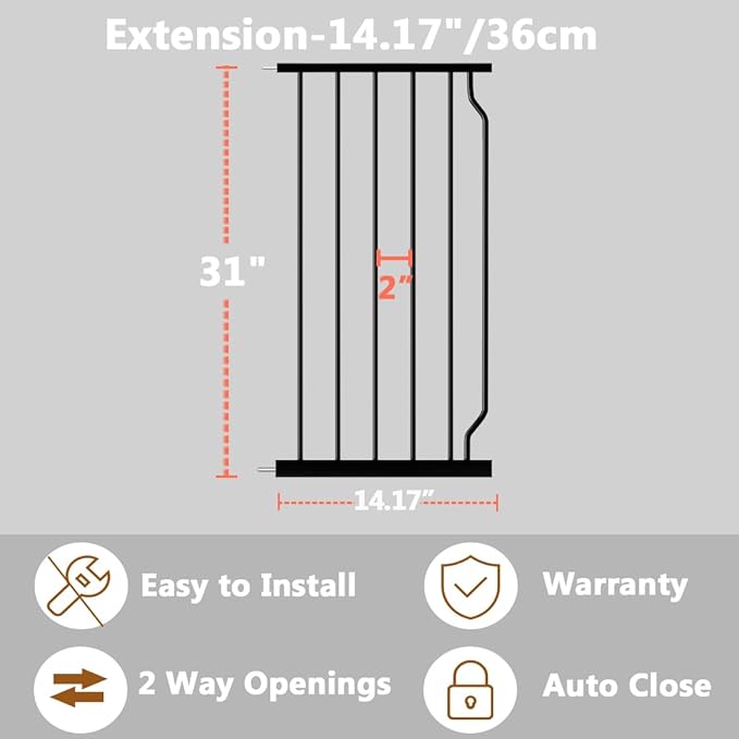 Fairy Baby Safety Gate 14.17 inch Extension for Extra Wide Baby Gate Dog gate Pressure Mounted Walk Through Pet Gate Black-PawvioPets