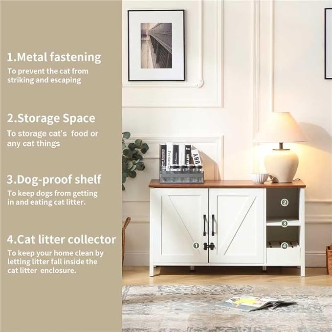 41.3'' Cat Litter Enclosure,Adjustable Shelf for Dog Proof and Storage,Locks Added for Cat, Litter Collector,Small Indoor Cat House,Antique White-PawvioPets