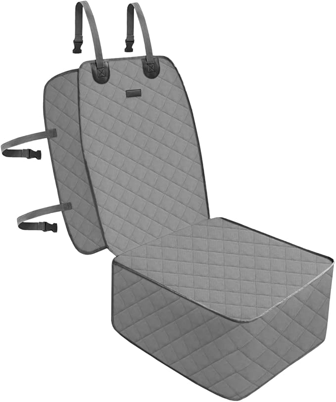 Dog Car Front Seat Cover with Side Flaps & Buckle Straps for Pet, 100% Waterproof 600D Oxford Single Seat Protector Heavy Duty Quilted Scratch Proof, Universal Size for SUV Truck, Grey-PawvioPets