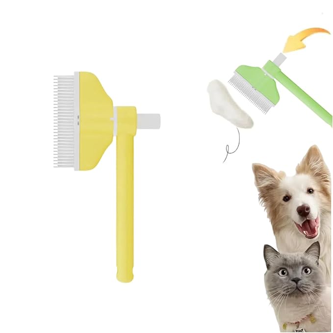 360° Press and Rotate Flea Comb for Cats and Dogs - Self-Cleaning Pet Hair Removal Tool with Release Button & Long-Short Stainless Steel Teeth for Shedding (Yellow)-PawvioPets