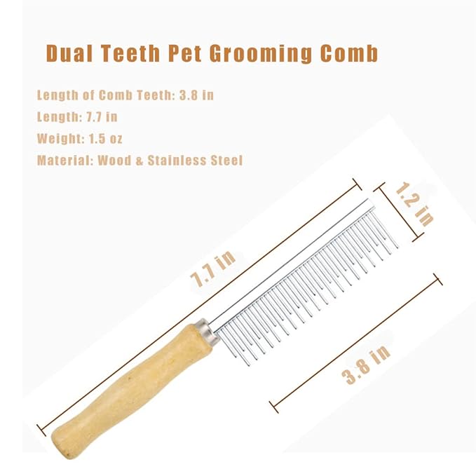 Dog Cat Grooming Comb with Wooden Handle Stainless Steel Teeth, Pet Grooming Supplies Accessories for Hairy Pets (Dual Teeth)-PawvioPets