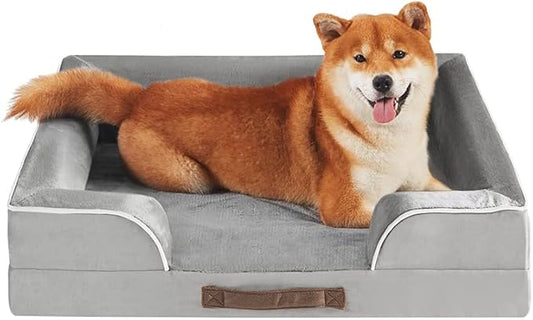 Friends Forever Orthopedic Dog Bed for Medium Dogs, Waterproof Memory Foam Dog Sofa Bed M with Removable Washable Cover, Ally Grey, 28x23x6.5-PawvioPets