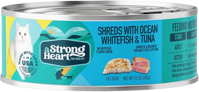 A Strong Heart Canned Wet Cat Food, Shreds with Ocean Whitefish & Tuna - 5.5 oz Cans (Pack of 24), Made in The USA with Real Ocean Whitefish & Tuna-PawvioPets