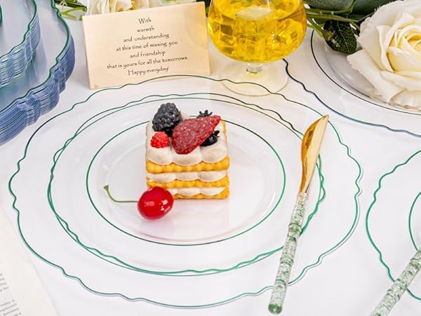 Liacere 150PCS Clear and Green Plastic Plates - Disposable Plates with Glitter Bamboo Handle Cutlery - 60 Baroque Elegant Plates,30Forks,30Spoons,30Knives for St. Patrick's Party