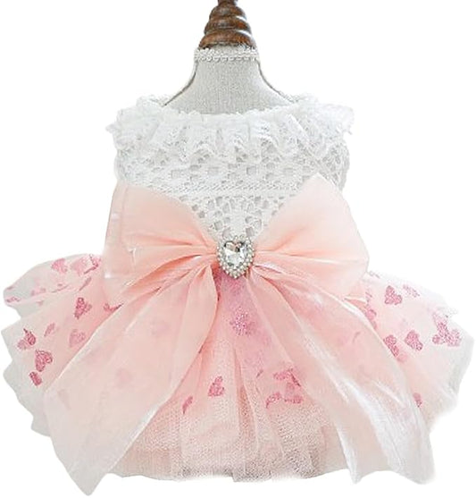 Dog Princess Dress with Heart Patterns & Bow Puppy Clothes for Small Dogs Girl Fancy Cat Birthday Outfit Pet Wedding Dresses(Pink White, Large)-PawvioPets