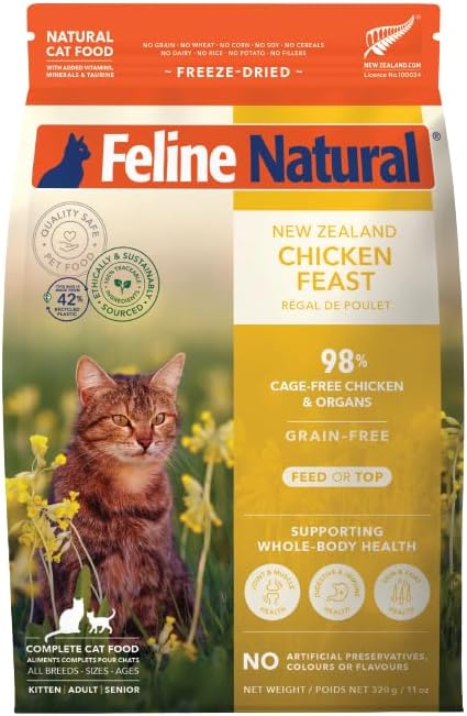 Feline Natural High Protein Dry Cat Food, Freeze-Dried Diet with 98% Meat, Organs & Seafood, No Peas, Grains, or Artificial Additives, Made in New Zealand, Chicken, 11oz-PawvioPets
