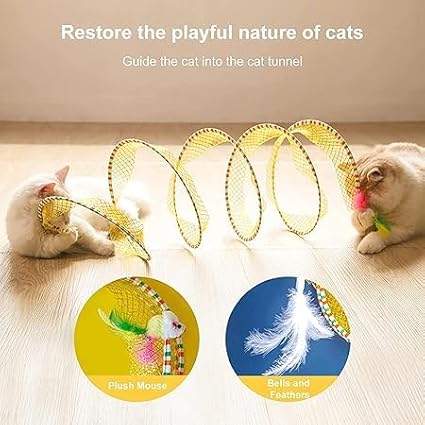 Folded Cat Tunnel Toy for Indoor Cats, 2 PCS Collapsible Pet Spring Cat Toys with Feather Mouse Upgrade Interactive Toy Playing Tent for Puppy Kitten Accessories Home-PawvioPets